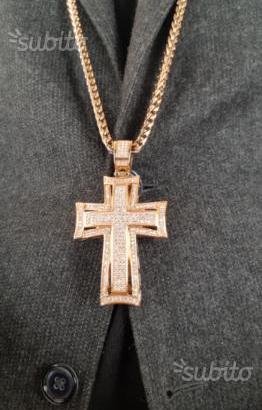 Collana pavè acciaio lamina oro rosa croce bling