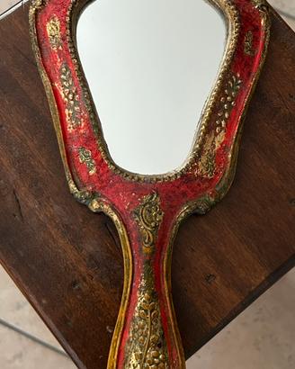 Specchio mano Vintage in legno decorato.