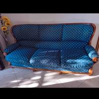 Divano 3 posti vintage, blu con decori color oro