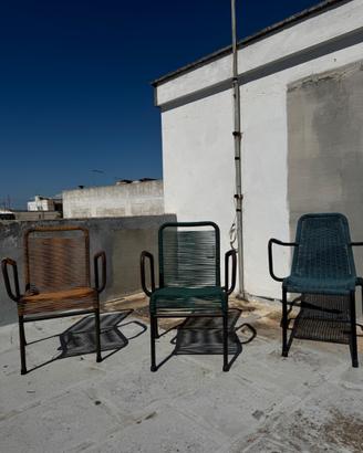 3 Vintage Sedie da giardino ferro spaghetti corda
