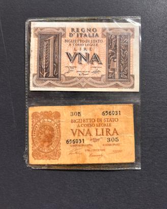 Lotto 2 Banconote Storiche da 1 Lira (1939 e 1944)
