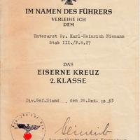 Attestato per croce di ferro di seconda classe WW2