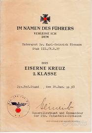 Attestato per croce di ferro di seconda classe WW2