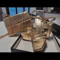 sandalo tacco grosso color oro con borsa 