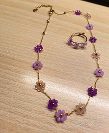 Collana dorata con anello abbinato regolabile