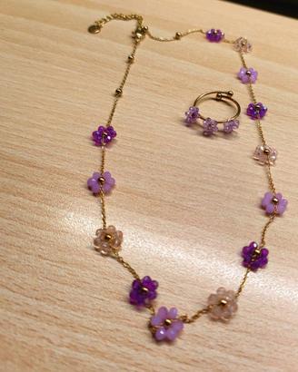 Collana dorata con anello abbinato regolabile