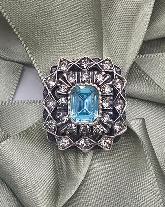 Anello vintage oro argento diamanti acqua marina