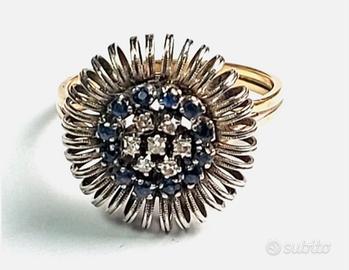 Anello vintage oro 18 kt 750 diamanti e zaffiri