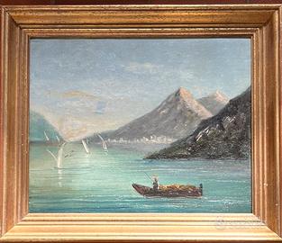 Paesaggio di montagna con lago. Firmato