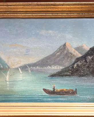 Paesaggio di montagna con lago. Firmato