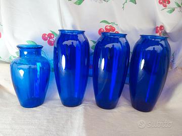 3 VASI ALTI 1 BASSO VETRO BLU VINTAGE 