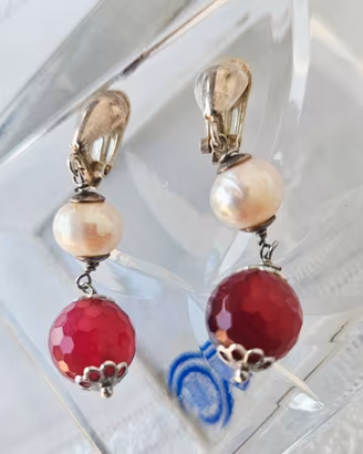Orecchini clip argento,rubino e perle, anni 50/60