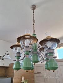 Lampadario 5 luci vintage in ferro e legno