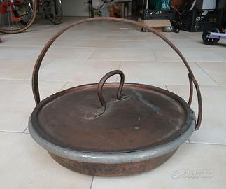 Paiolo pentola in rame battuto coperchio