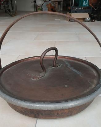 Paiolo pentola in rame battuto coperchio
