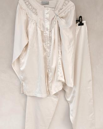 Pigiama donna in raso, tg 50 / 52, bianco ricamato