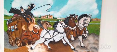 diligenza con cavalli e paese nello sfondo.