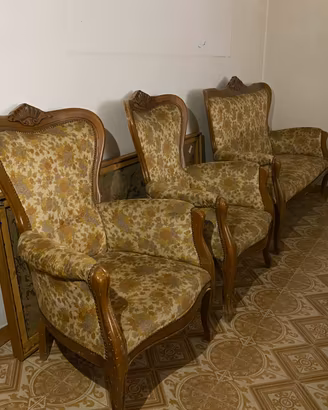 Salotto 3 pezzi vintage in legno imbottite