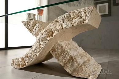 Tavolino con Base in Pietra Fossile, Struttura in 