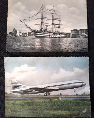 2 Cartoline Vintage Nave Vespucci e Aereo Caravel
