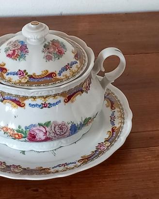 Zuppiera con sottopiatto in ceramica dipinta