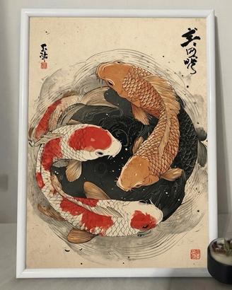 Poster giapponese Koi Carp formato A4 con cornice