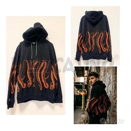 FELPA U OCTOPUS NERA CON TENTACOLI ARANCIO E CAPPU