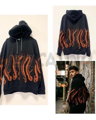 FELPA U OCTOPUS NERA CON TENTACOLI ARANCIO E CAPPU