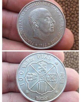 Argento Moneta 100 Pesetas Spagna 1966