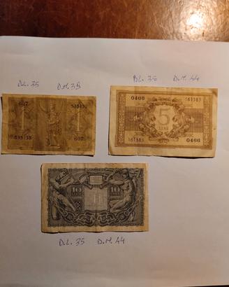 Vecchie banconote da una, cinque e dieci Lire