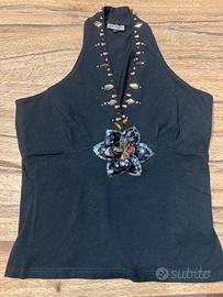 Canotta nera con fiore paillettes Maliparmi tg s