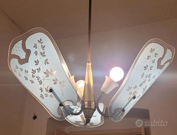 Lampadario Vintage Anni 60 Vetro Floreale Bronzo