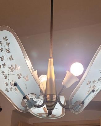 Lampadario Vintage Anni 60 Vetro Floreale Bronzo