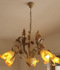 Lampadario in ferro battuto e vetro + portalampada