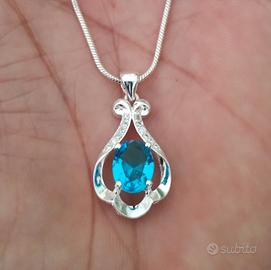 2 Collane In Argento 925 + Ciondolo Acquamarina 