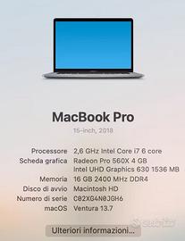 MacBook Pro 15”  i7 2,6 GHz Radeon Pro 560X 4GB