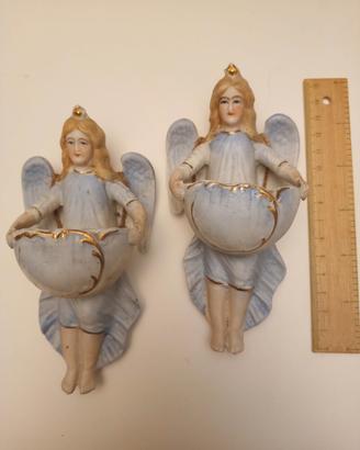 coppia acquesantiere angeli in bisquit antiche