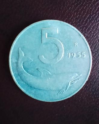 moneta da 5 lire del 1955 con delfino e scritta