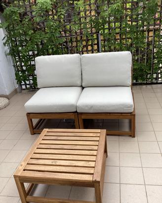 Poltrone legno + cuscini +tavolino + pedane IKEA
