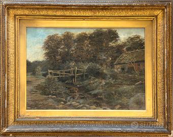 Antico quadro olio scuola inglese 1875 cottage