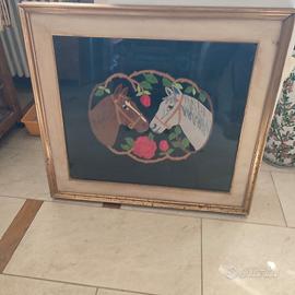 quadro con cavalli ricamo su stoffa punto tapezzer