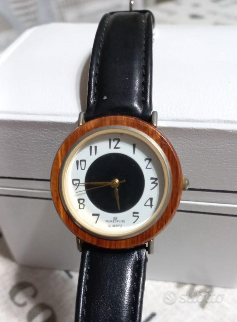Montre Femme Radius Vintage Quartz - Cadran Noir, Boîtier Or Acier, Bracelet Cuir Noir, Années 1980, Neuf Avec étiquettes
