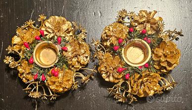 Coppia Portacandele Natalizi Oro e Rosso