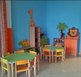 Parete attrezzata e tavoli con sedie per bambini