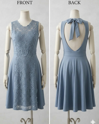 Abito elegante azzurro polvere e inserto in pizzo