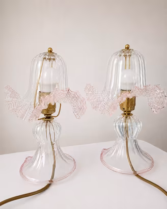 Coppia lampade vintage in vetro trasparente e rosa