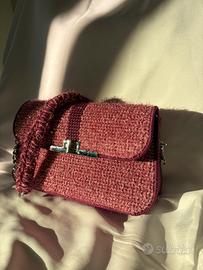 Borsa a tracolla in tweed bordeaux/rosato