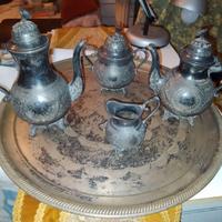 Antico servizio da tè metallo/peltro con vassoio