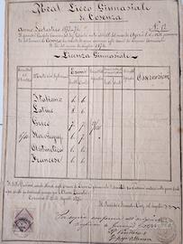 Antica Licenza Ginnasiale 1874 Cosenza