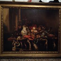 Quadro dipinto olio su tela Natura morta con pesca